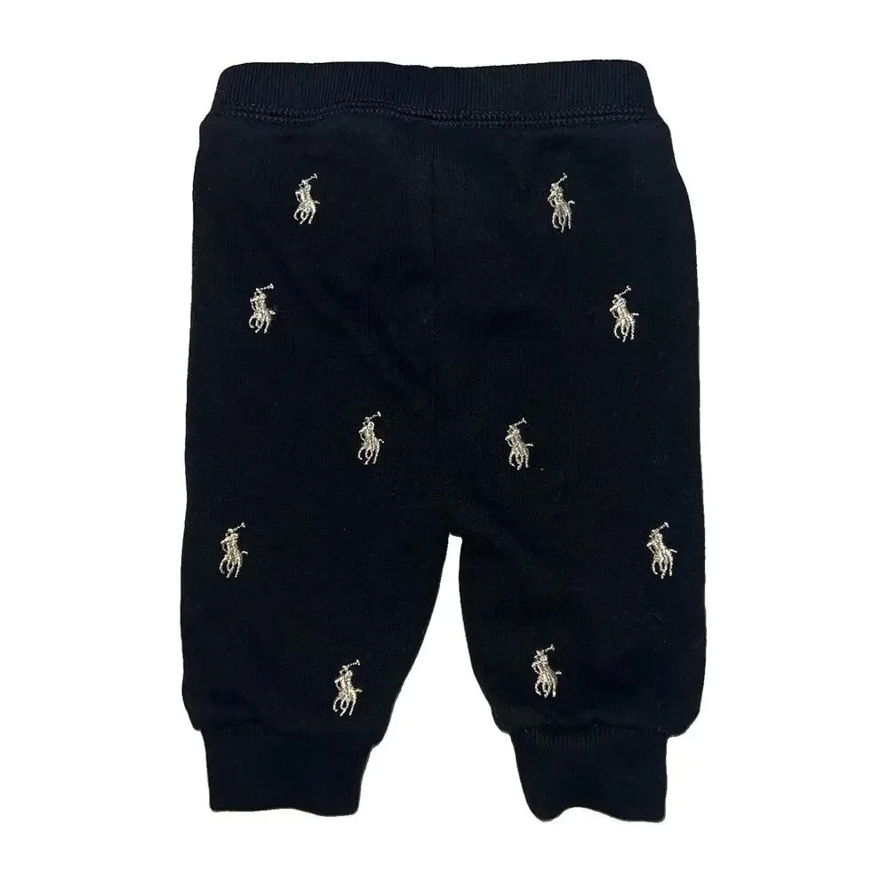 Ralph Lauren Tracksuit Baby Size 3M Black Fleece Gold Logo AOP Hoodie Pants Set